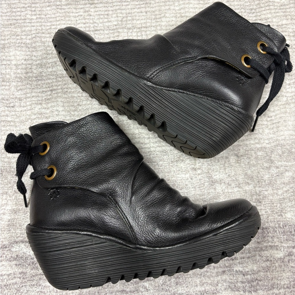 Fly London Ankle Boots Women's Wedge Heel Size 7 US 37 EU Yama Black Leather - Picture 2 of 10